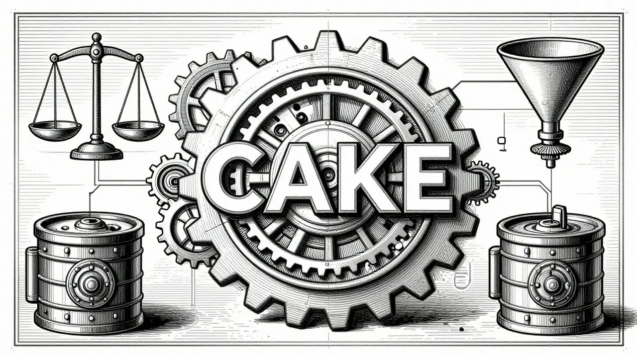 Intricate etching of CAKE token gears powering DeFi mechanisms