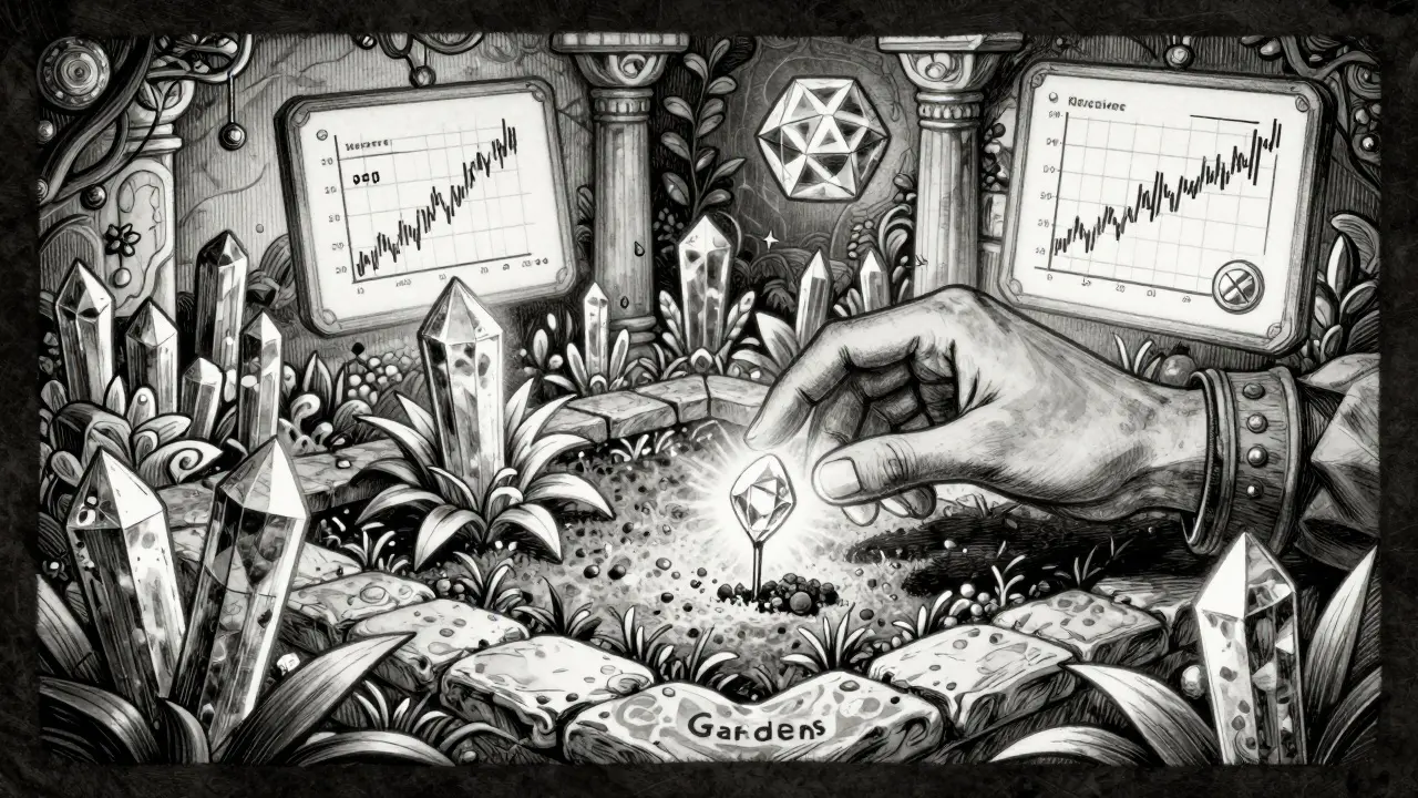 Magical garden where gems are staked for yield in an etching style