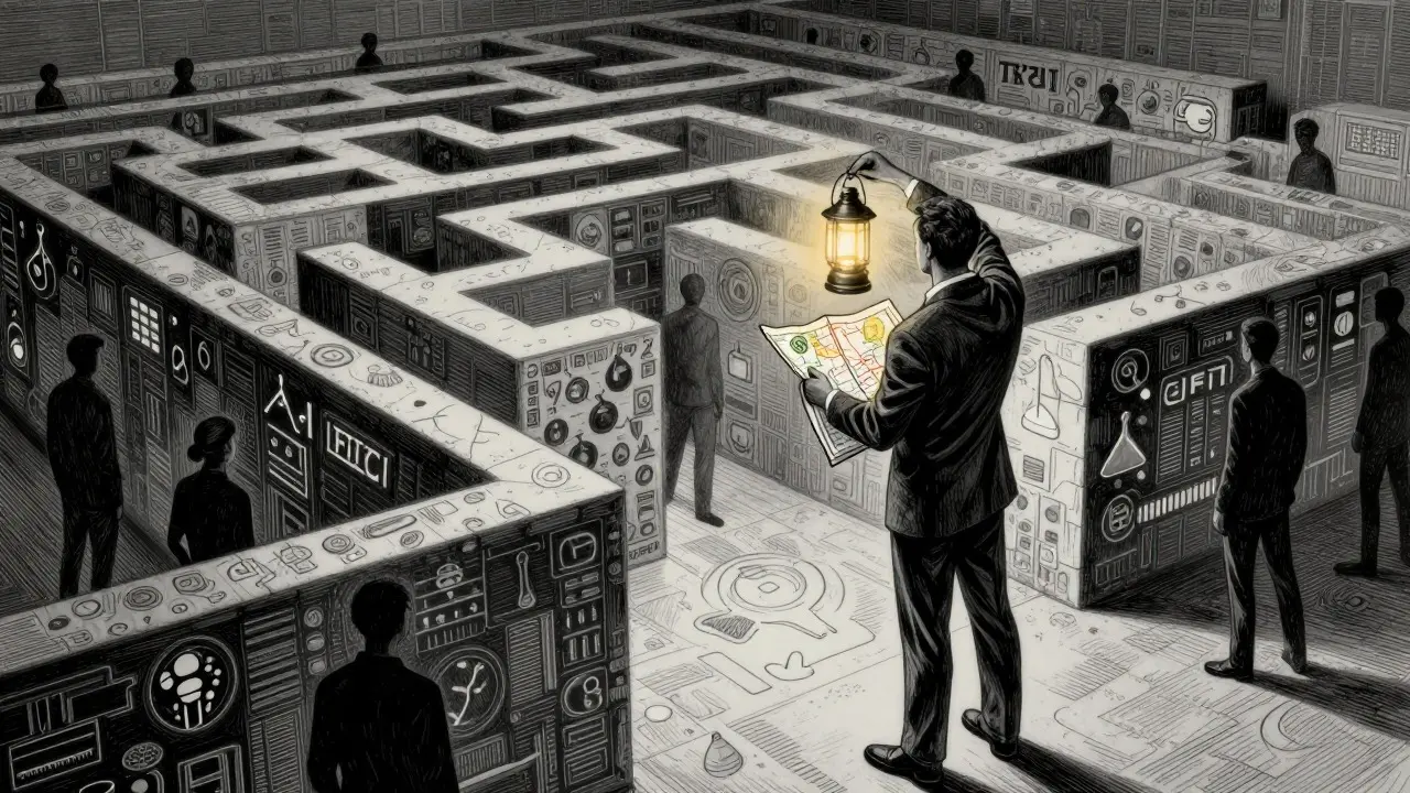 Professional navigating maze with IFICI lantern amidst tech symbols