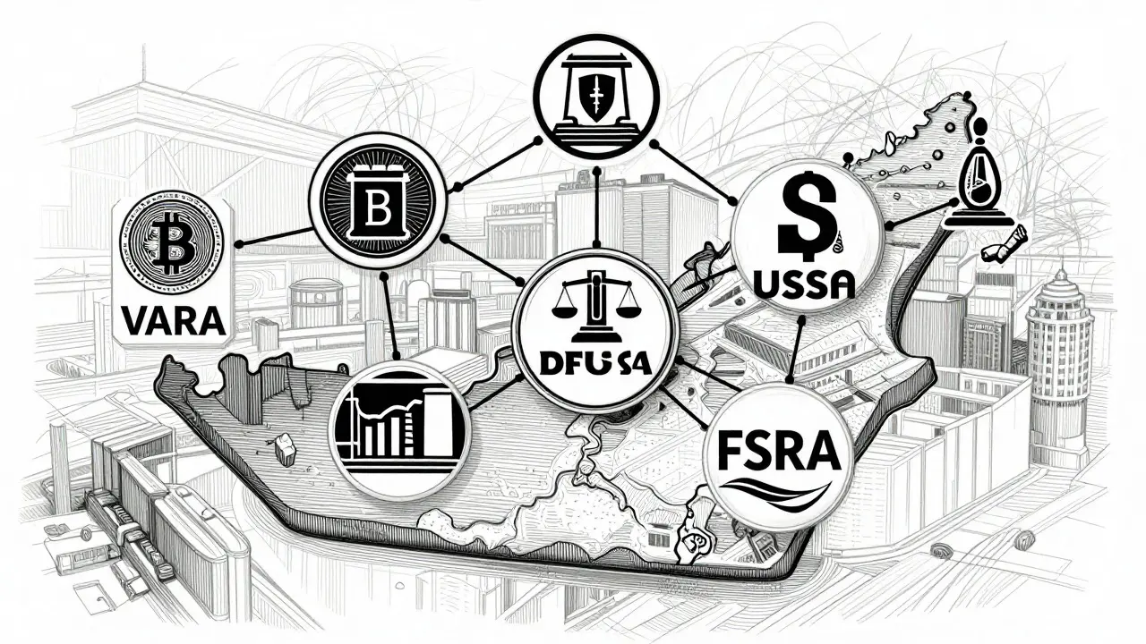 Regulatory symbols and blueprint lines over UAE map etching