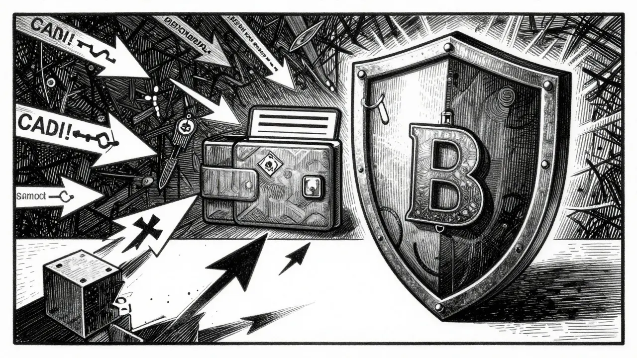 Shield protecting a digital wallet from phishing attacks in etching style