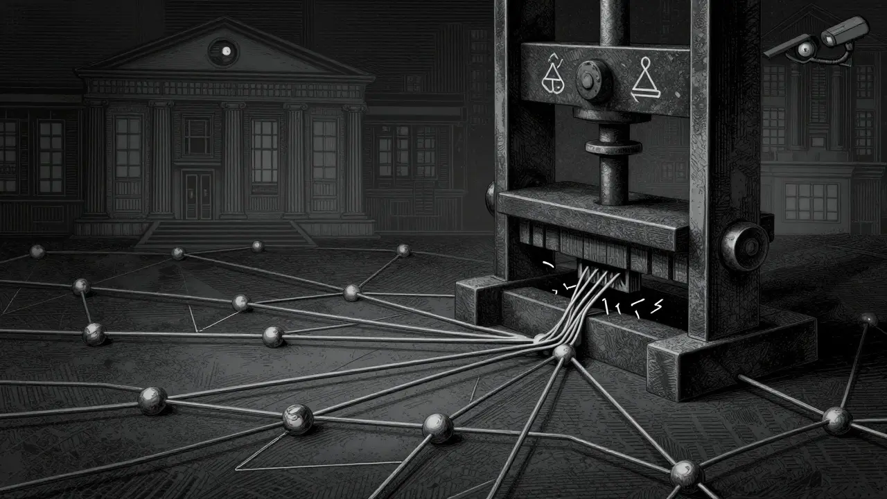 Targeted sanctions crushing specific crypto nodes, etching style