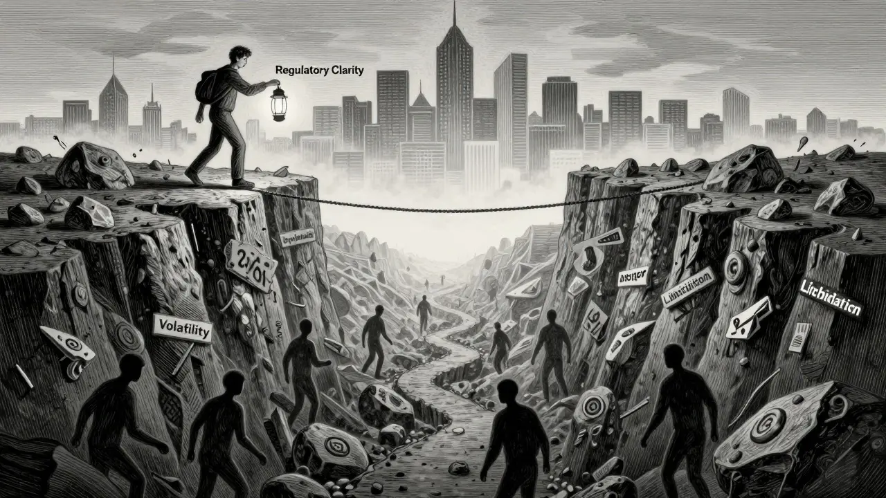 Tightrope walker balancing over financial volatility