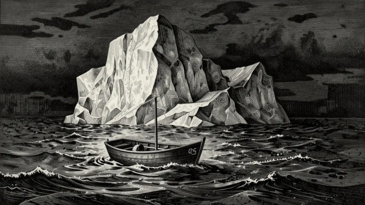 Tiny boat on rough seas symbolizing crypto volatility etching