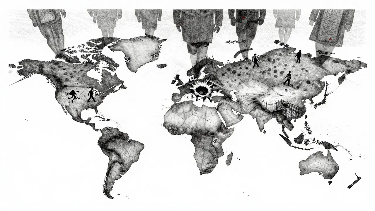 World map as minefield with crypto ban zones, etching style