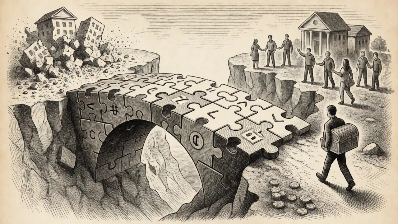 Bridge of code and puzzles representing decentralized work and governance risks.
