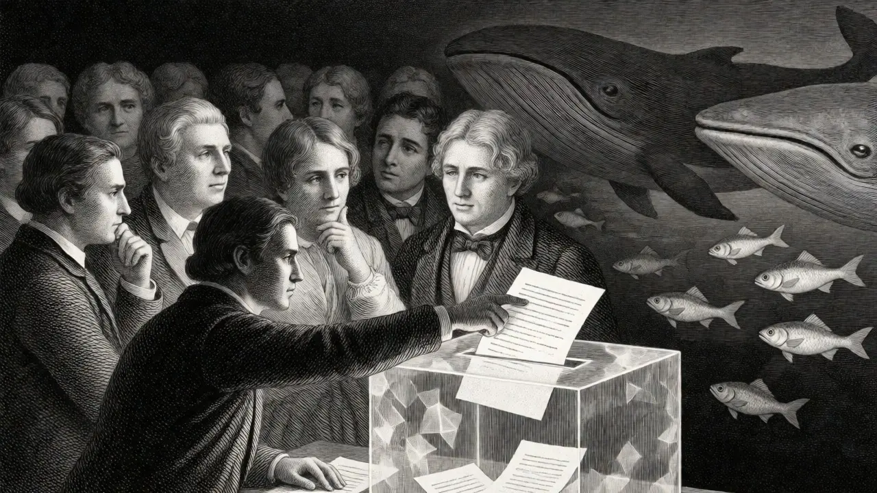 Community members voting on proposals with whales in the background, etched illustration.