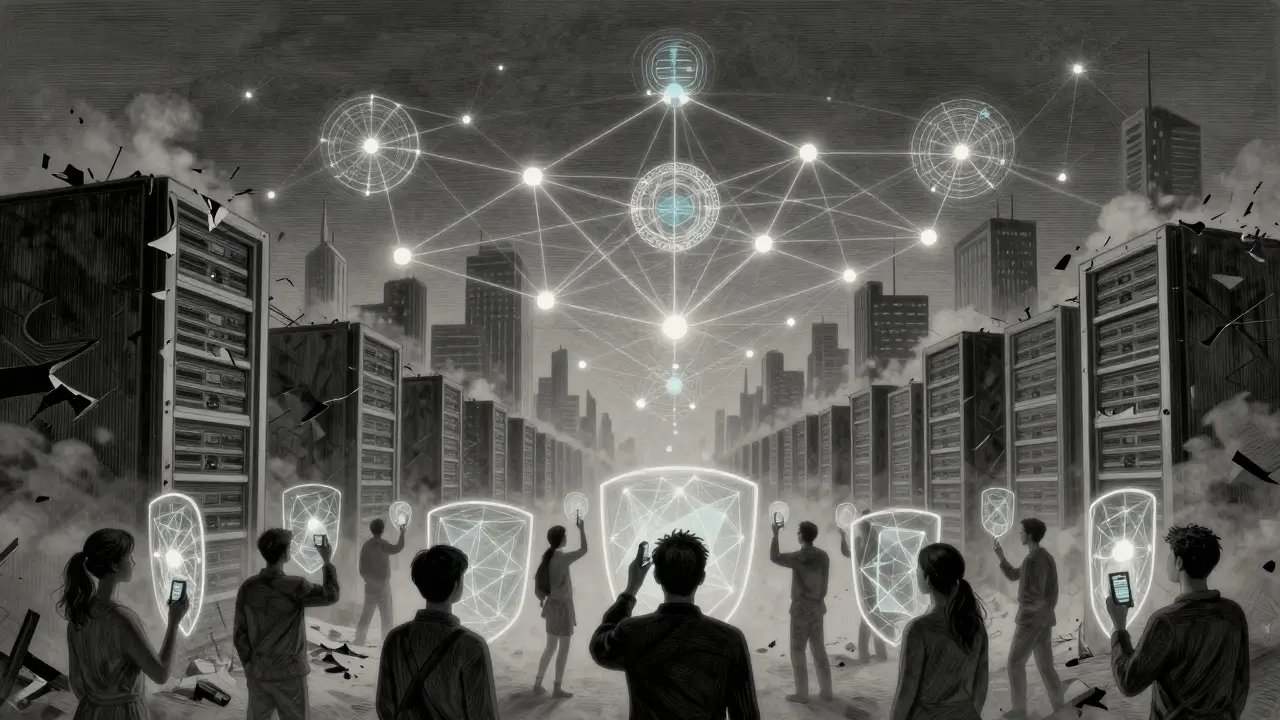 Decentralized network replacing old servers in etching style