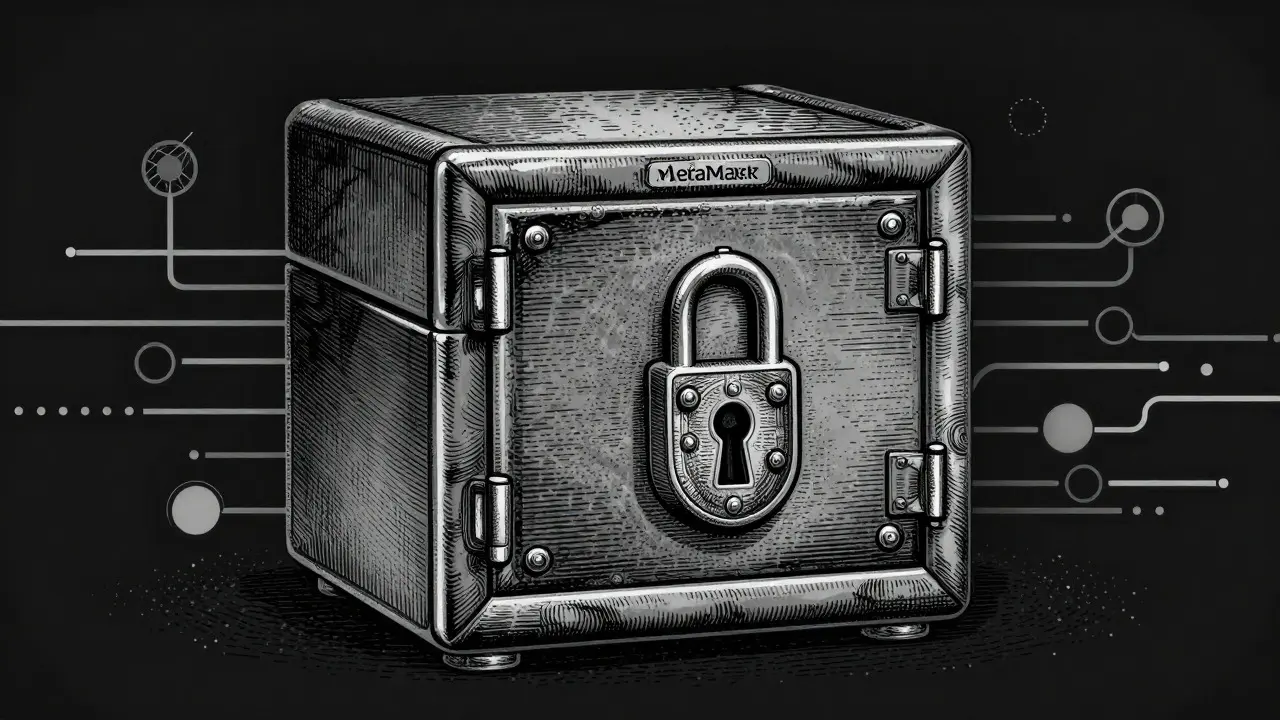 Detailed etching of a secure vault representing a crypto wallet