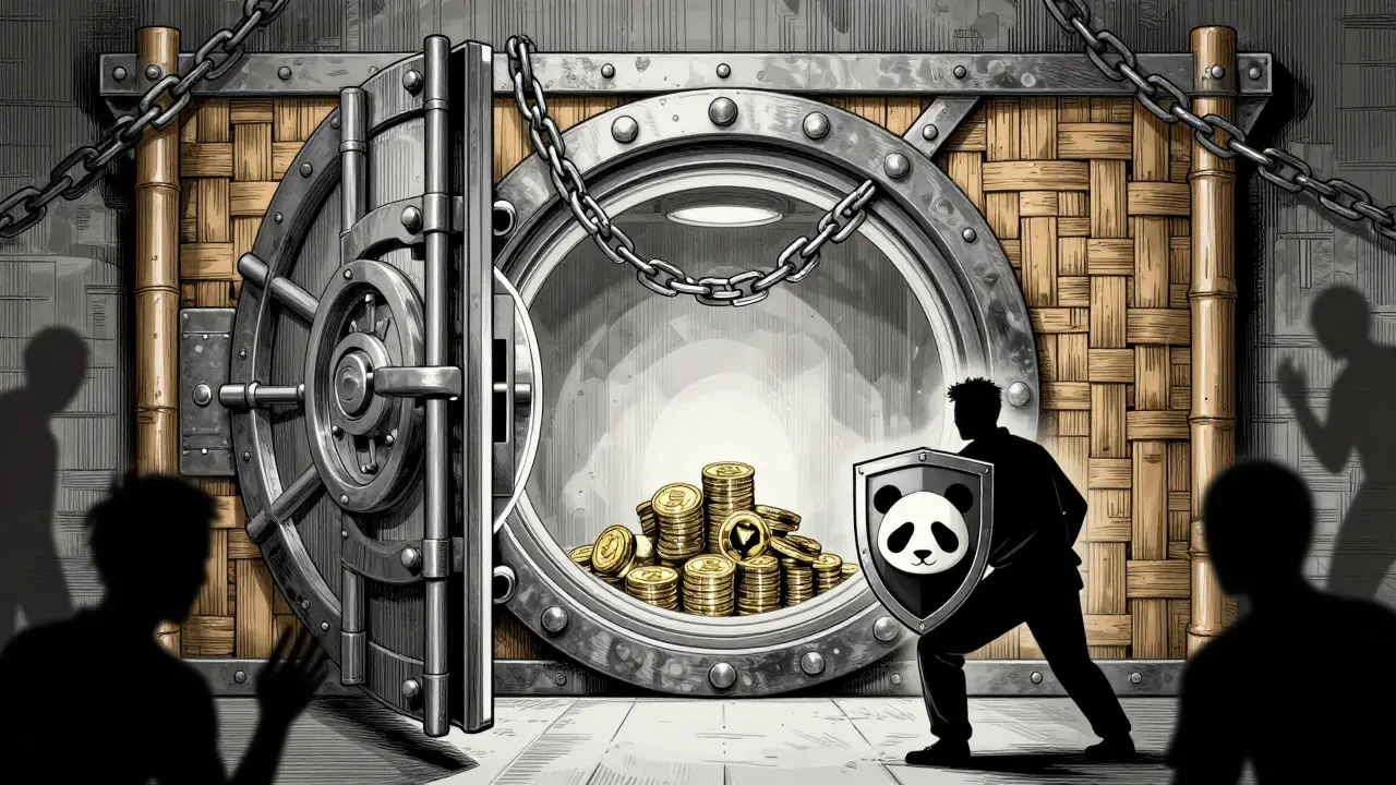 Detailed etching of a secure vault with bamboo gates symbolizing Panda Pad's anti-scam protections.