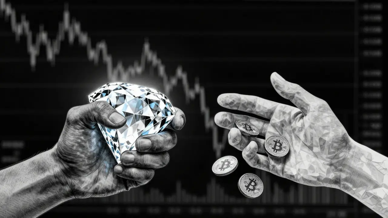 Diamond hands holding coins vs paper hands losing them