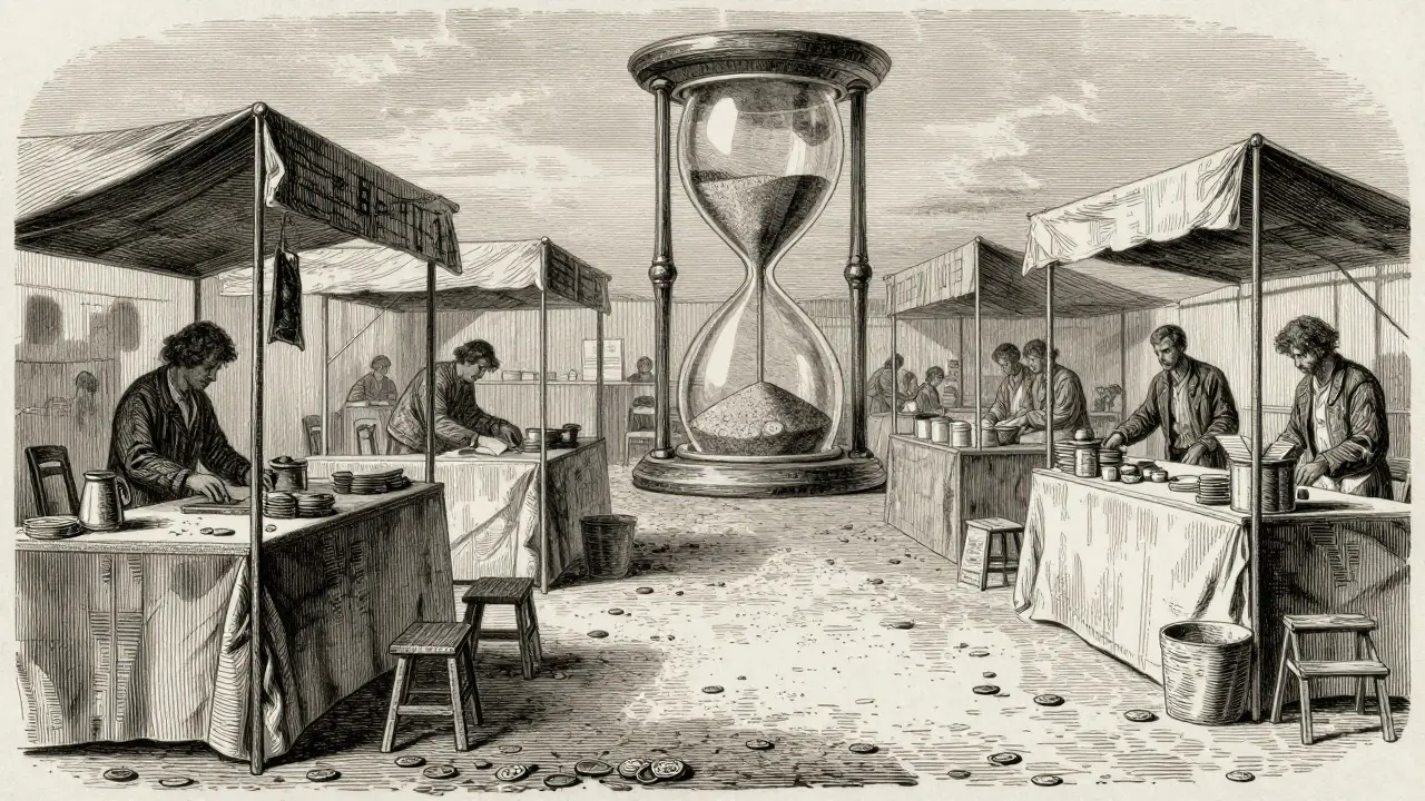 Engraved scene of an empty market with scattered tokens, showing zero volume
