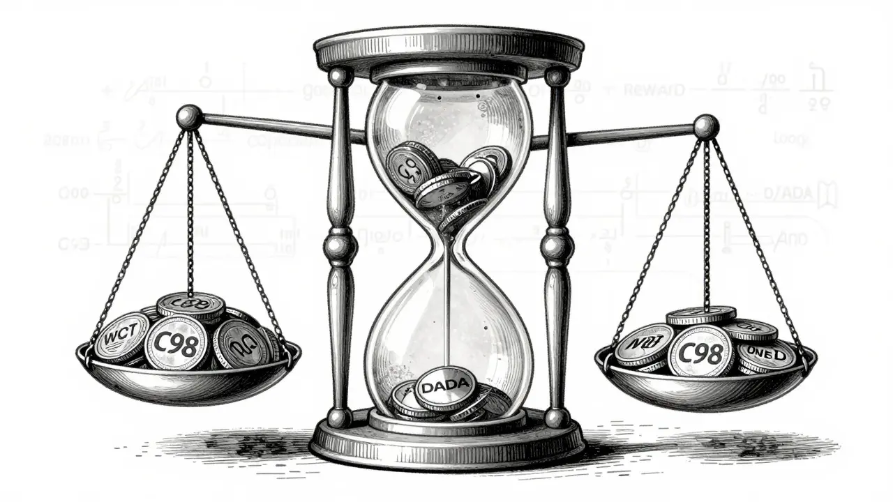 Engraving showing scales balancing staked tokens and rewards
