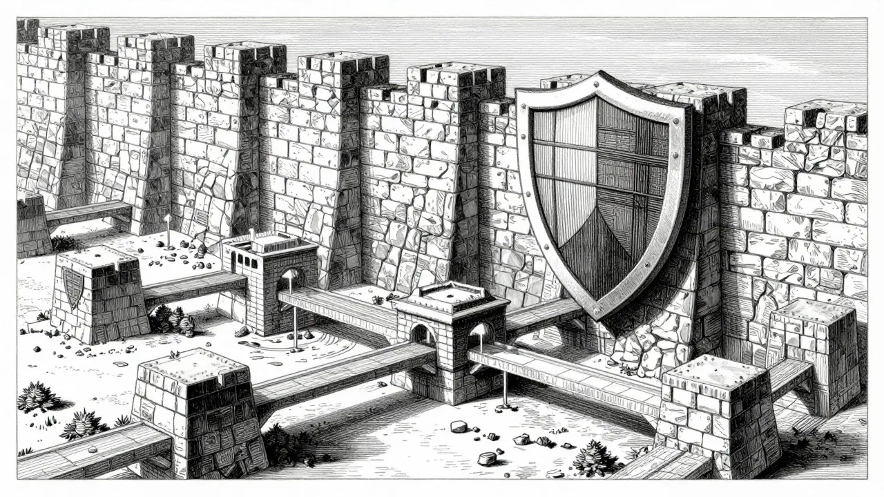 Etching depicting a fortress protecting interconnected blockchain nodes