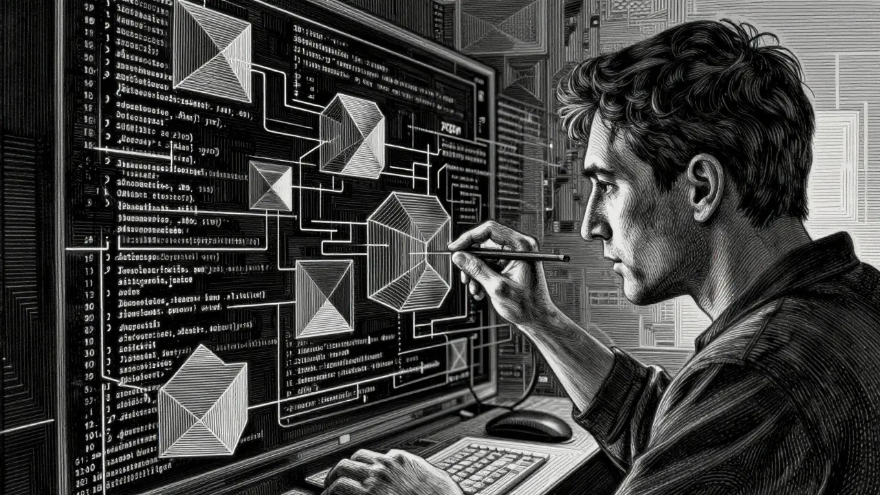 Etching illustration of a person surrounded by complex geometric patterns representing technical configuration