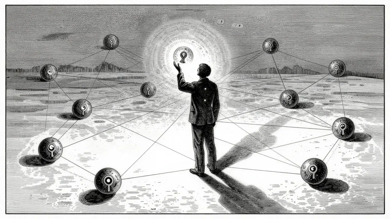 Etching of a central private key orb surrounded by public key nodes in a network web