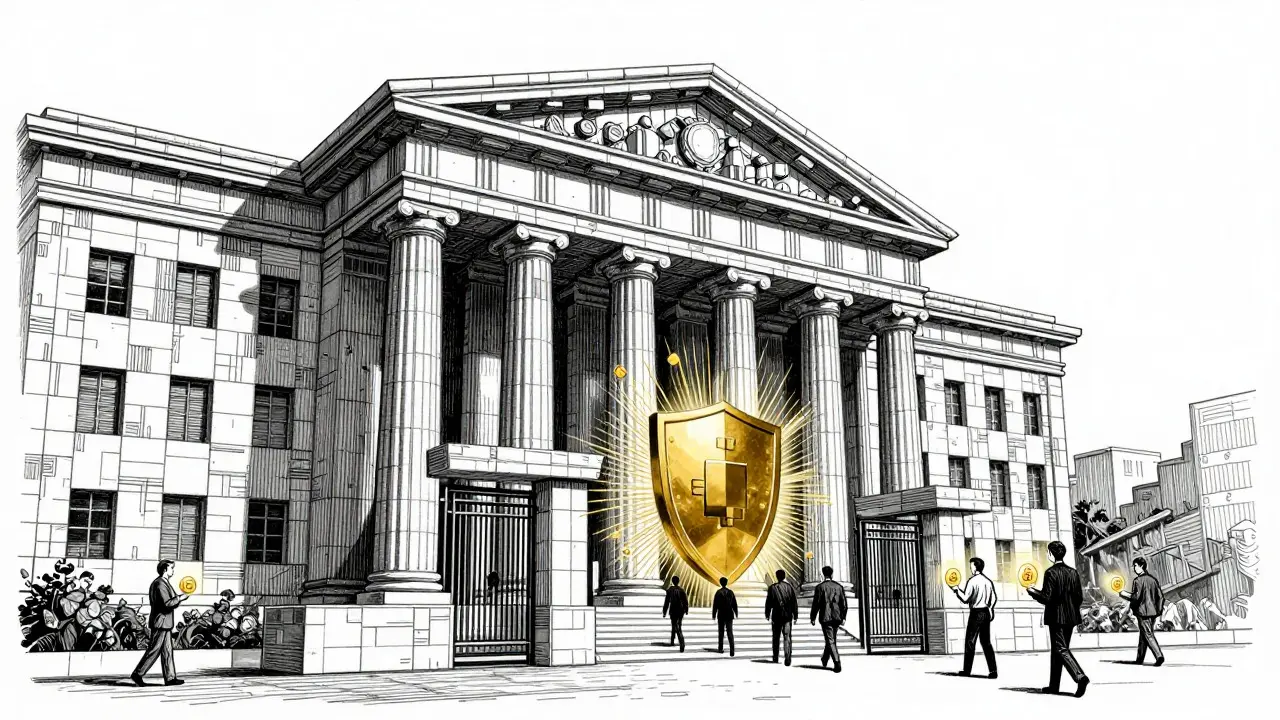 Etching of a digital bank fortress protecting investors with a shield