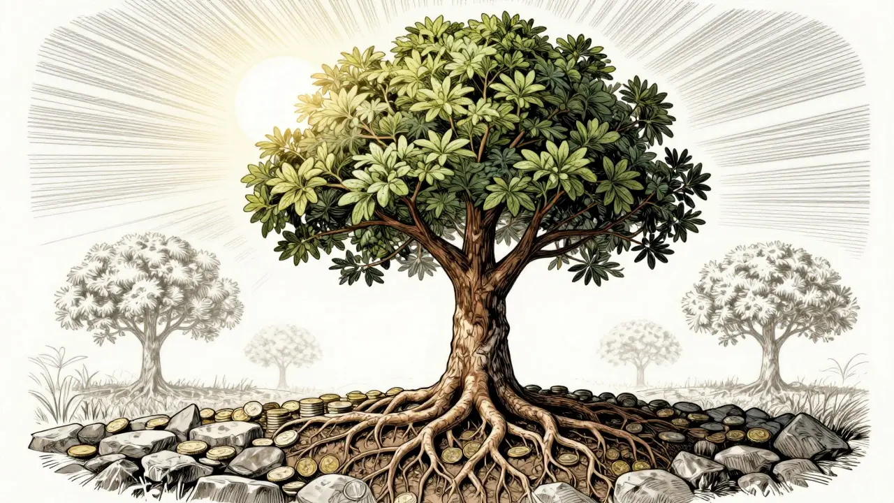 Etching of a growing tree with coin roots symbolizing long-term financial savings and stability