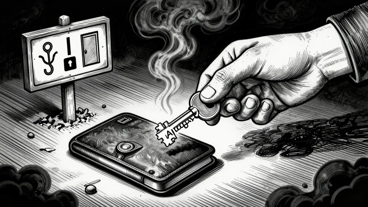 Etching of a hand offering a suspicious airdrop key near warning signs, depicting crypto scam risks.