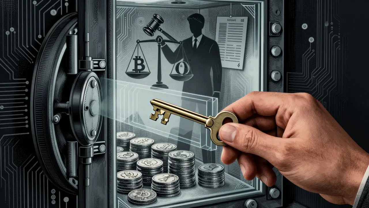 Etching of a hand unlocking a secure vault containing digital assets