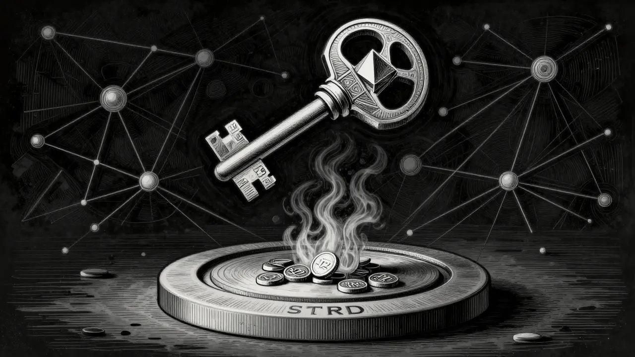 Etching of a key and burning tokens symbolizing STRD governance