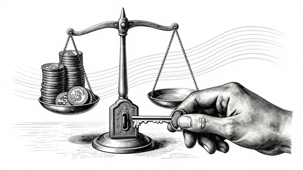 Etching of a key unlocking a bank-crypto bridge with a balance scale in the background