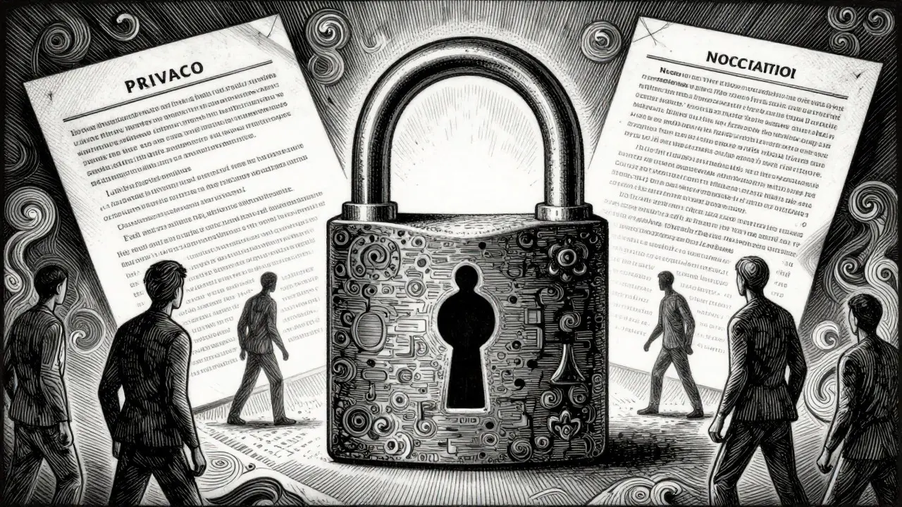 Etching of a locked silhouette surrounded by swirling patterns, representing data privacy conflicts