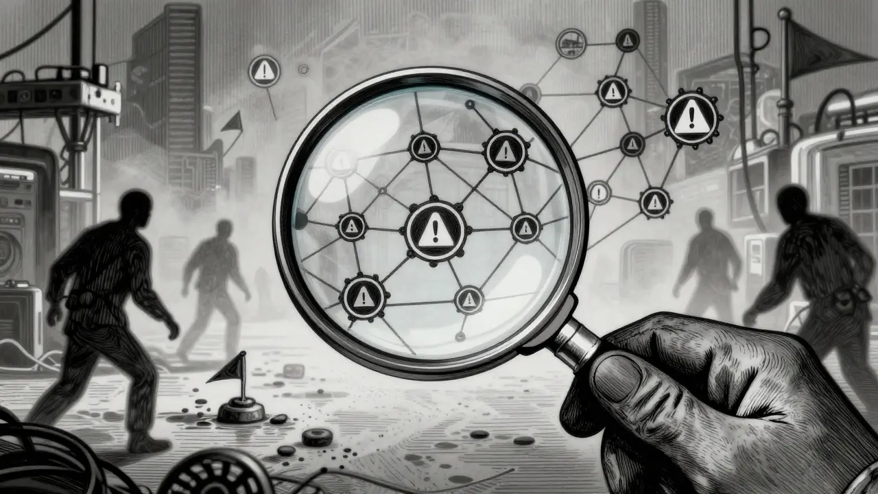 Etching of a magnifying glass inspecting a network of nodes, highlighting security checks and scams