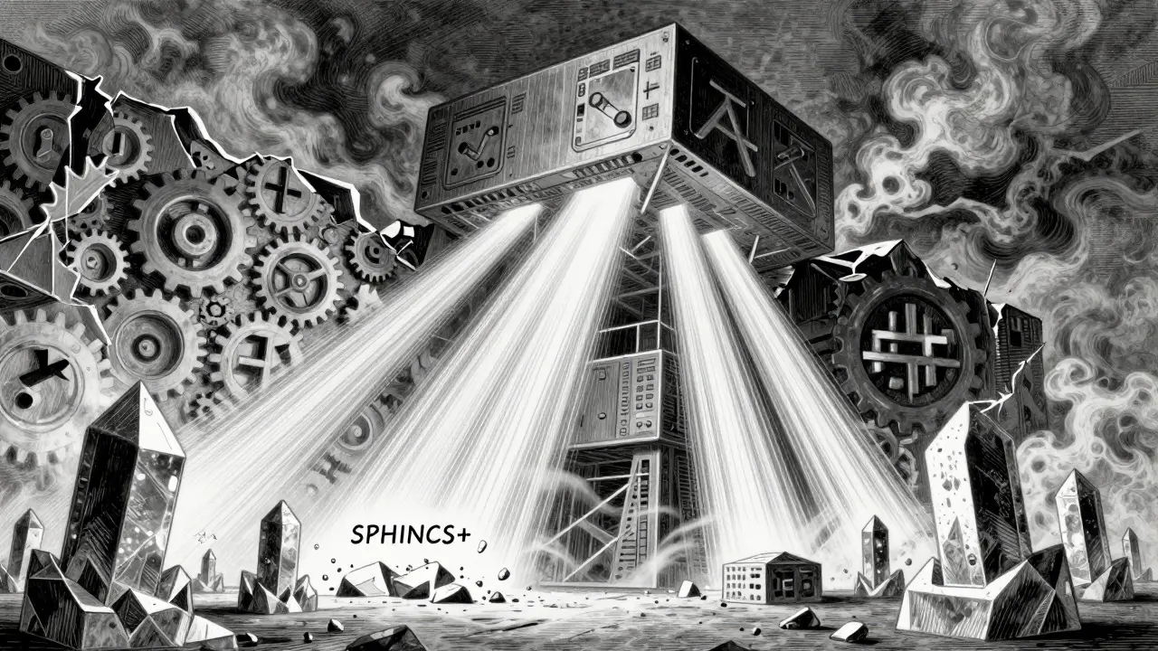 Etching of a quantum computer structure breaking through a wall of cryptographic gears