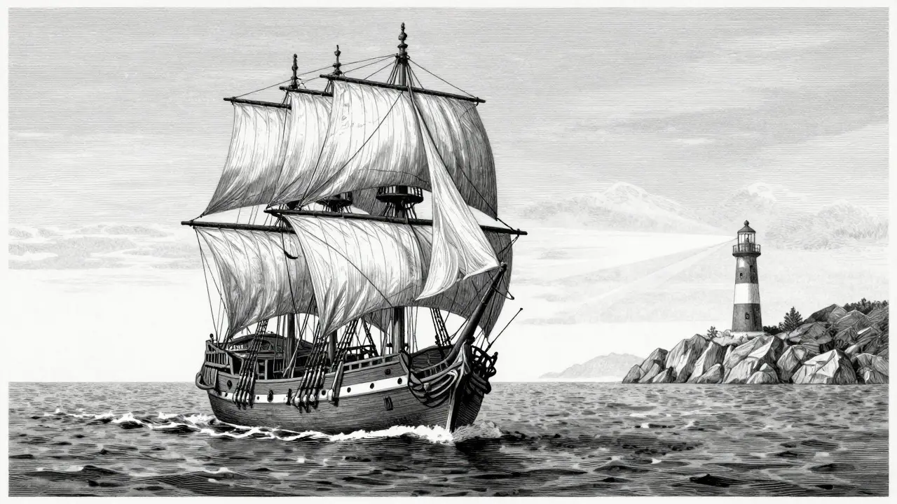 Etching of a ship at sea guided by a distant lighthouse