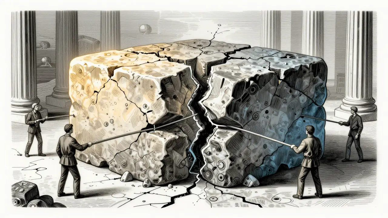 Etching of a stone block splitting apart under tension, illustrating blockchain governance forks