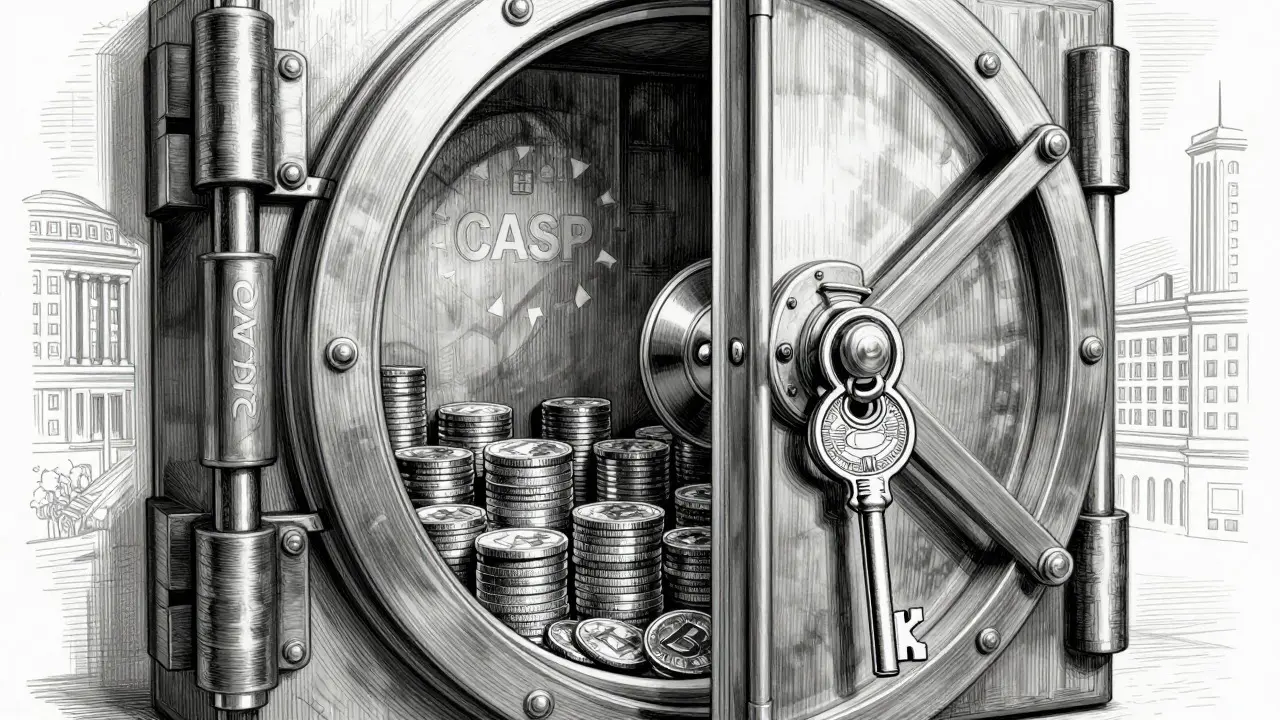 Etching of a vault door with a key, symbolizing crypto licensing