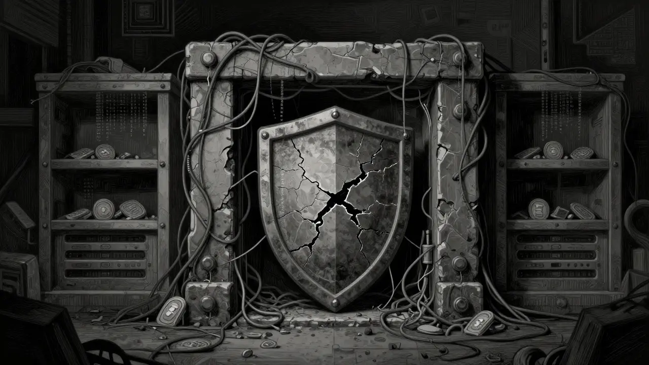 Etching of an abandoned digital vault overgrown with vines, symbolizing a dormant crypto project