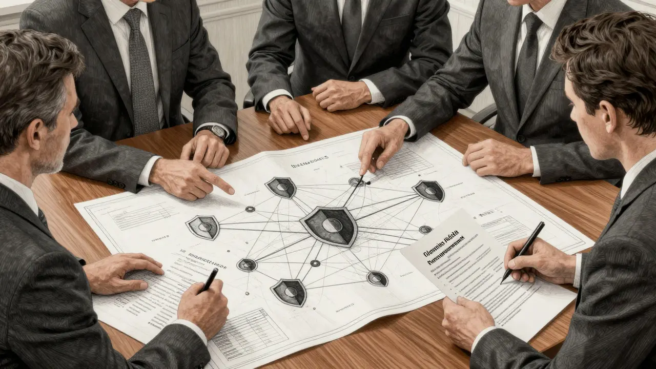 Etching of executives reviewing blockchain security blueprints in a formal boardroom setting.