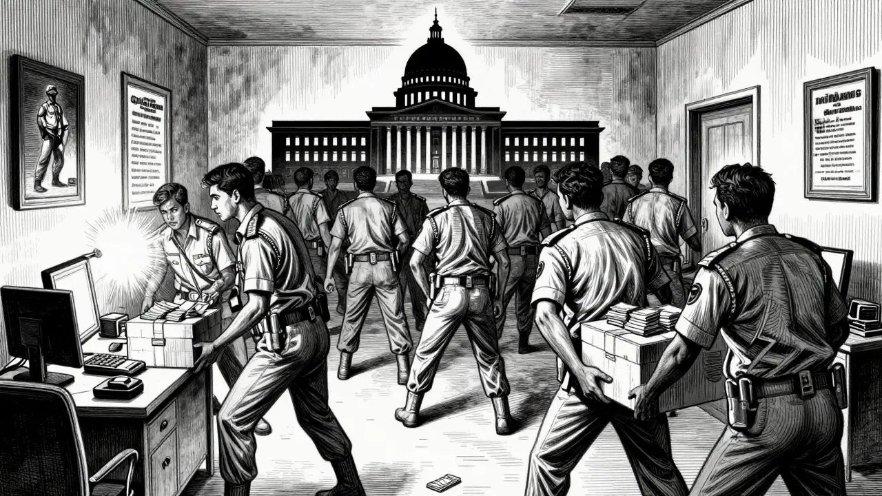 Etching of officials seizing assets in an office, illustrating legal enforcement