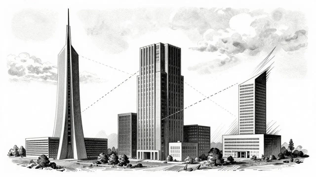 Etching of three distinct architectural structures representing competing financial platforms