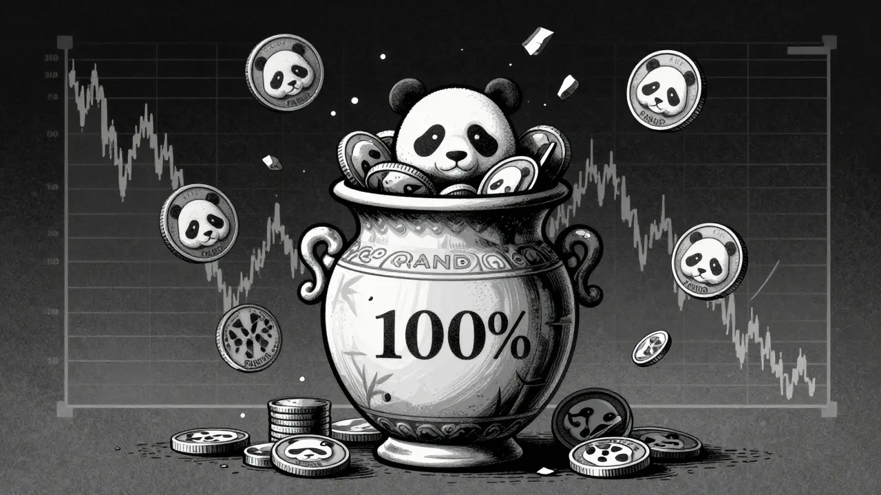Etching showing a full urn and scattered coins illustrating PANDA token supply and price volatility.