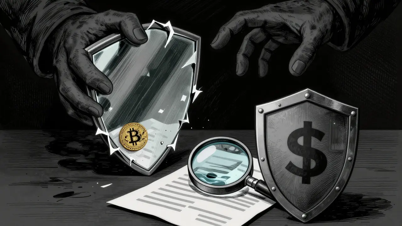 Etching showing a shield protecting against dark hands and scam mirrors