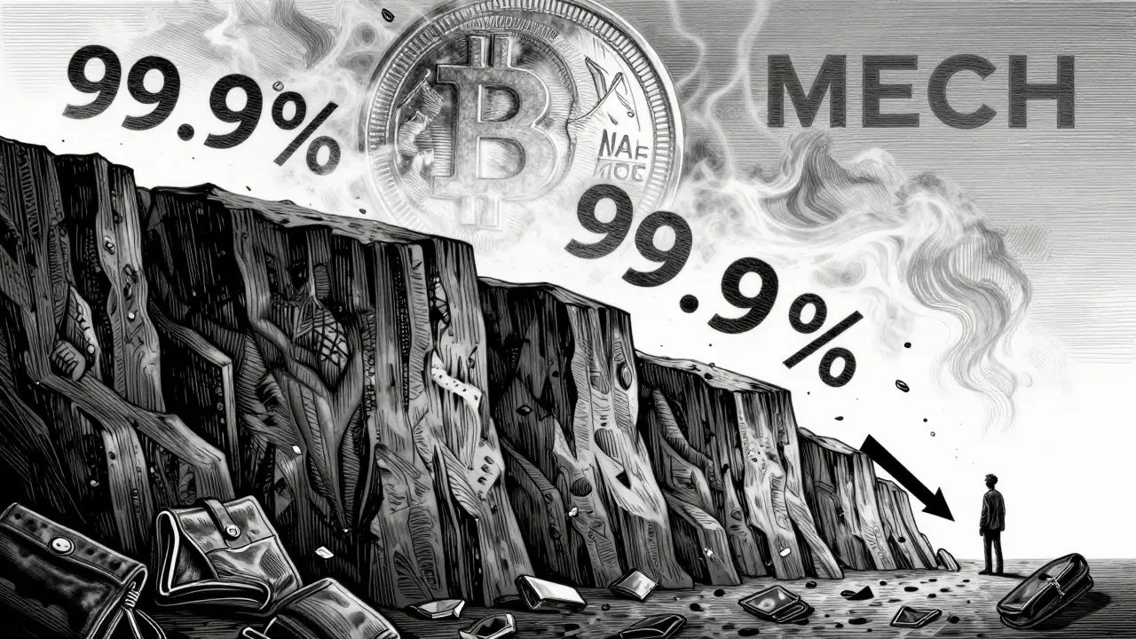 Etching showing a steep cliff representing the massive crypto price crash.