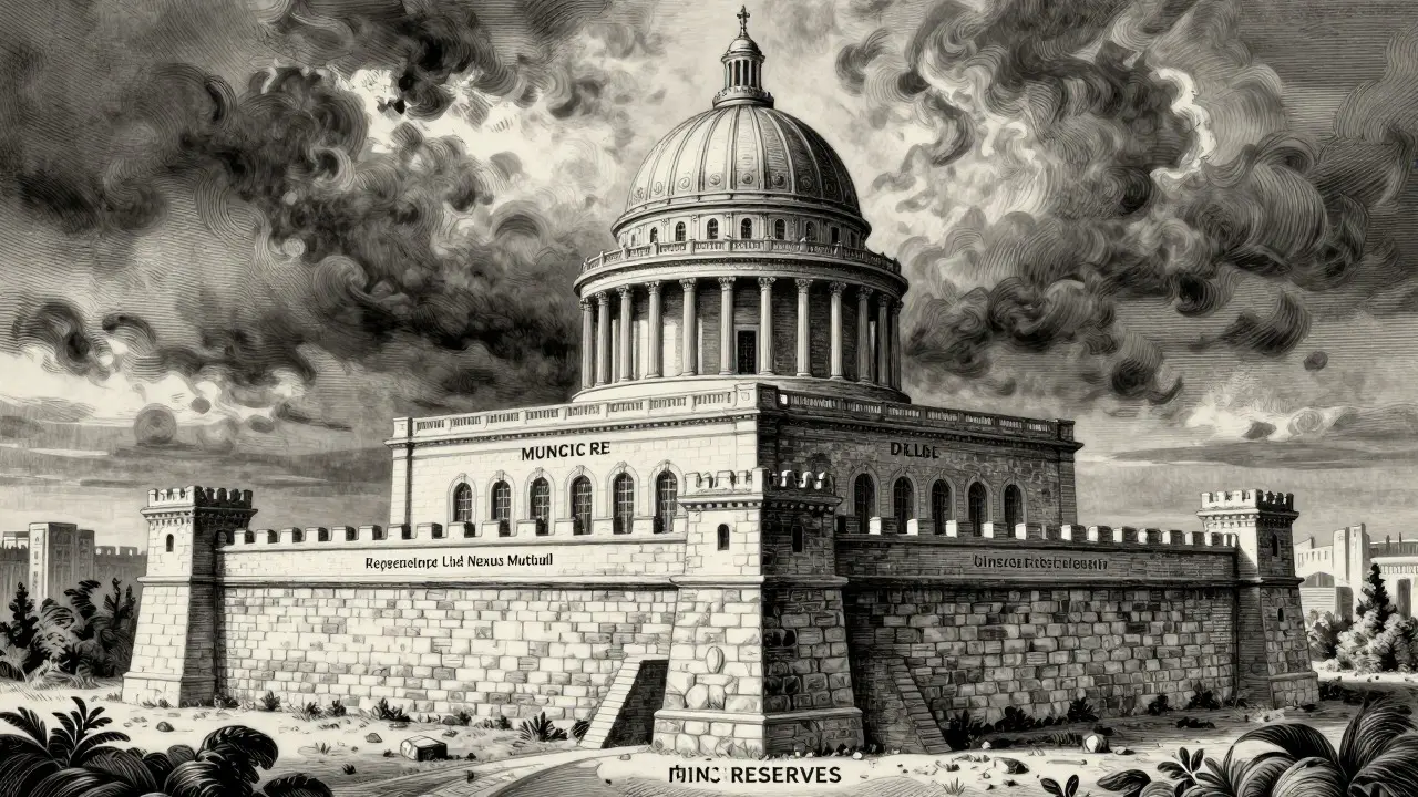 Etching showing three layers of insurance protection: reserves, decentralized pools, and traditional reinsurers.