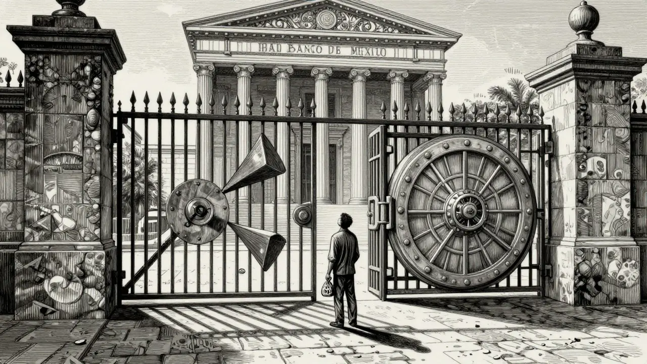 Figure standing before regulatory gates with coins