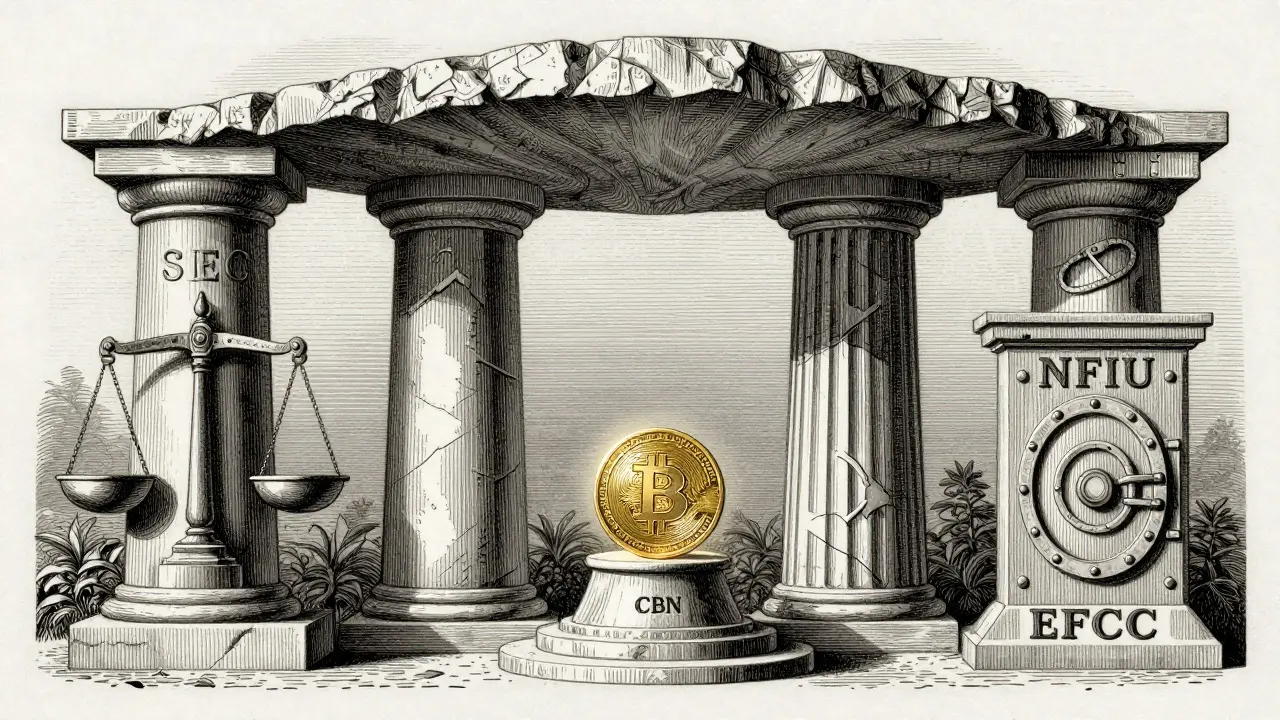 Four pillars representing Nigerian regulatory agencies supporting a central digital asset