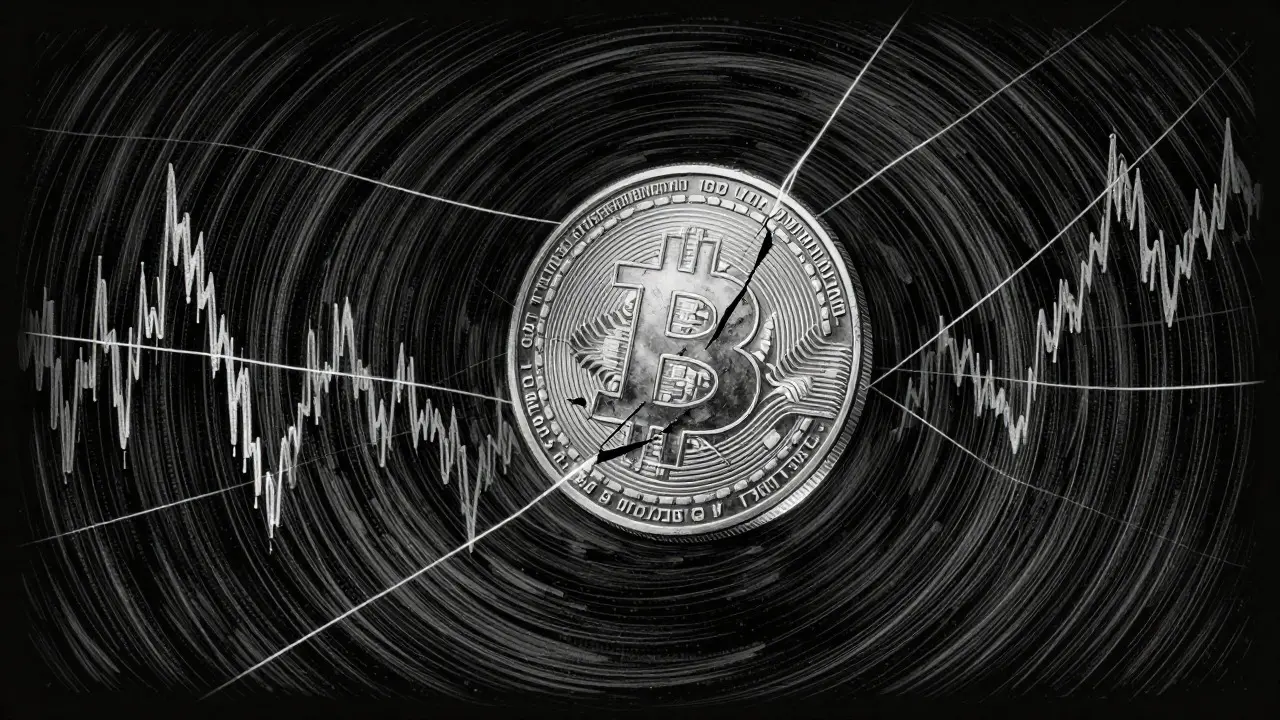 Fragile cracked coin suspended by threads in an etching style