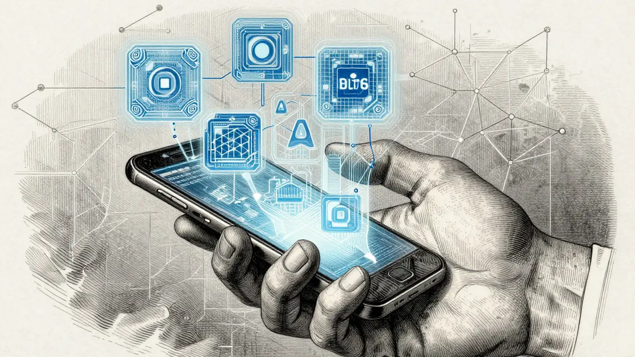 Hand holding phone emitting geometric digital identity patterns
