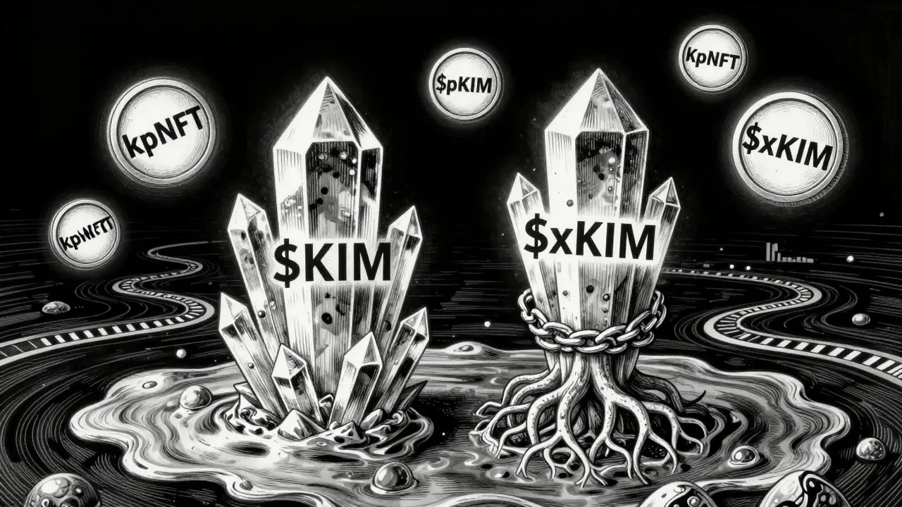 Illustration of KIM and xKIM tokens with kpNFT badges