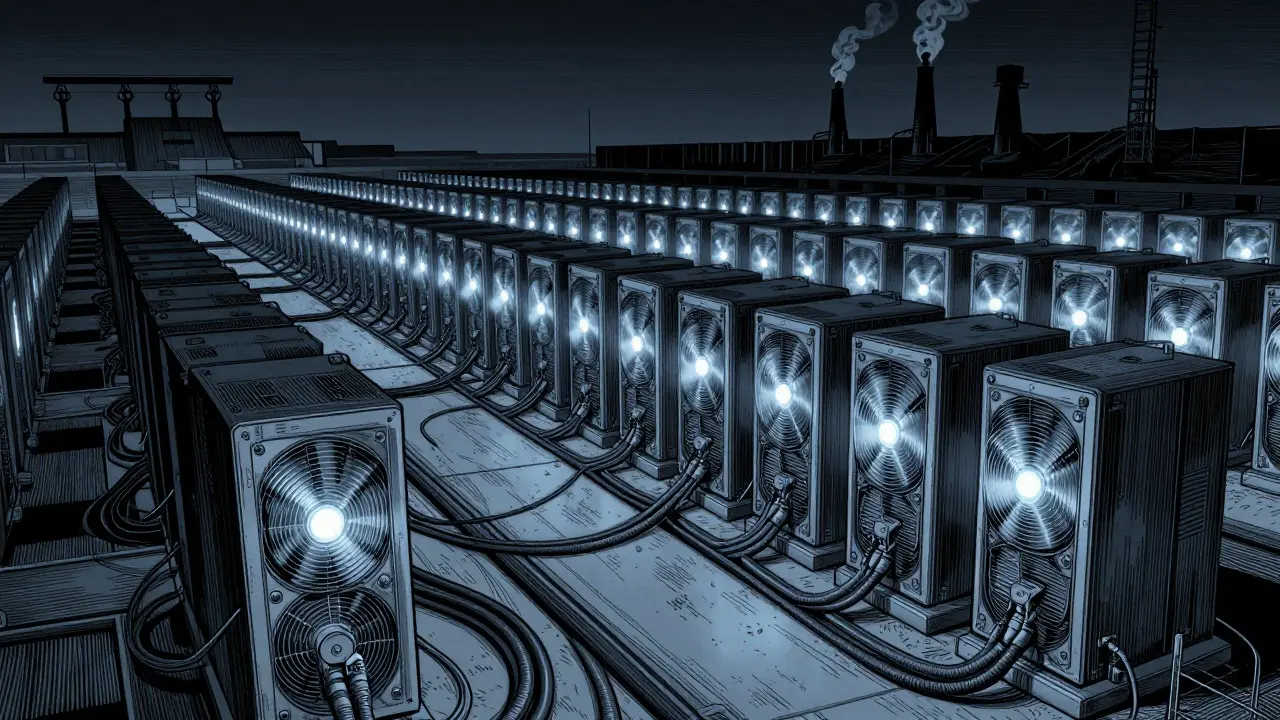 Industrial etching of ASIC mining rigs connected to power sources