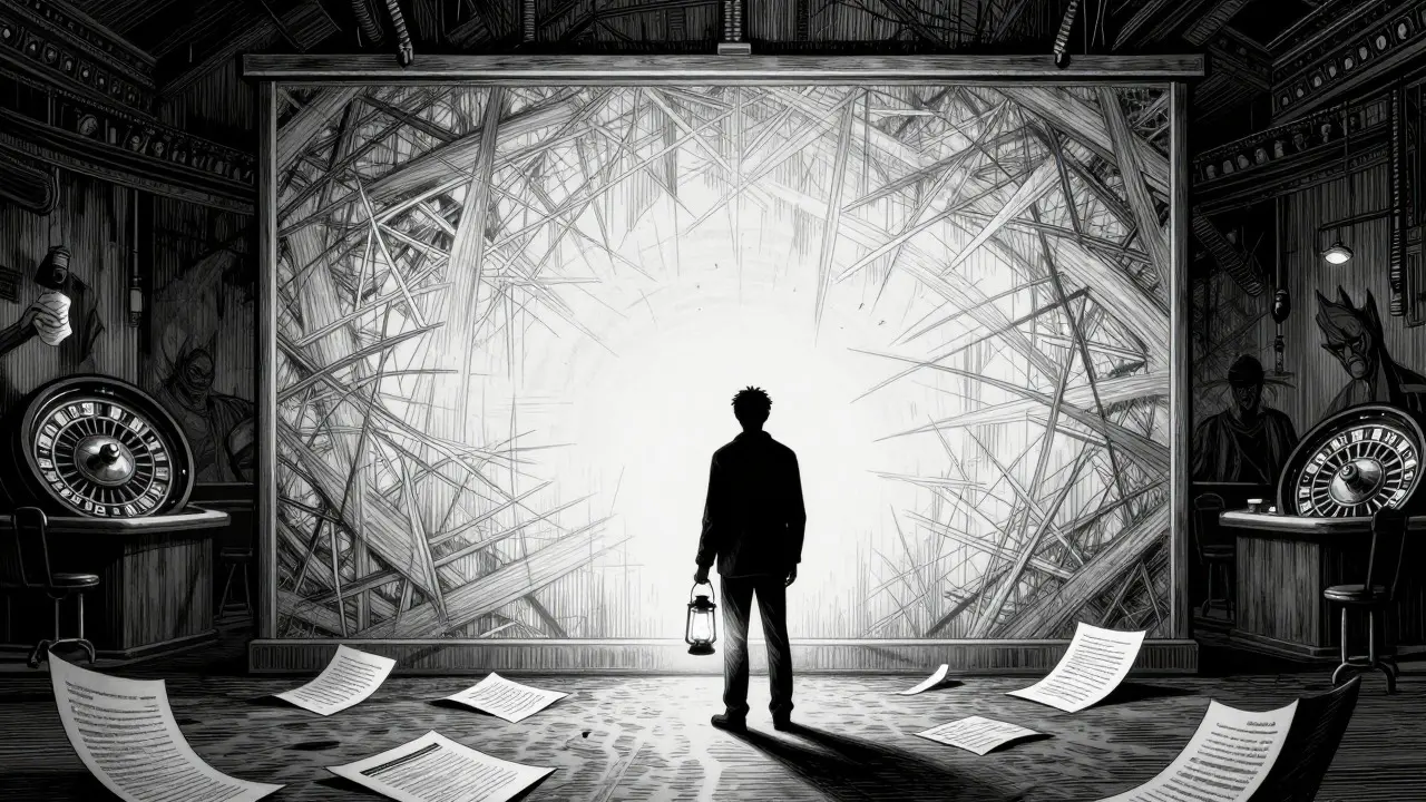 Lone figure facing a blank wall representing lack of support