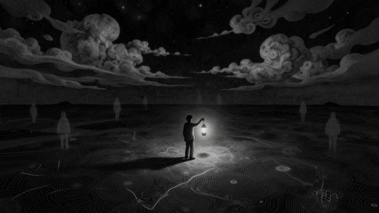 Lone figure with lantern on a vast etched digital landscape
