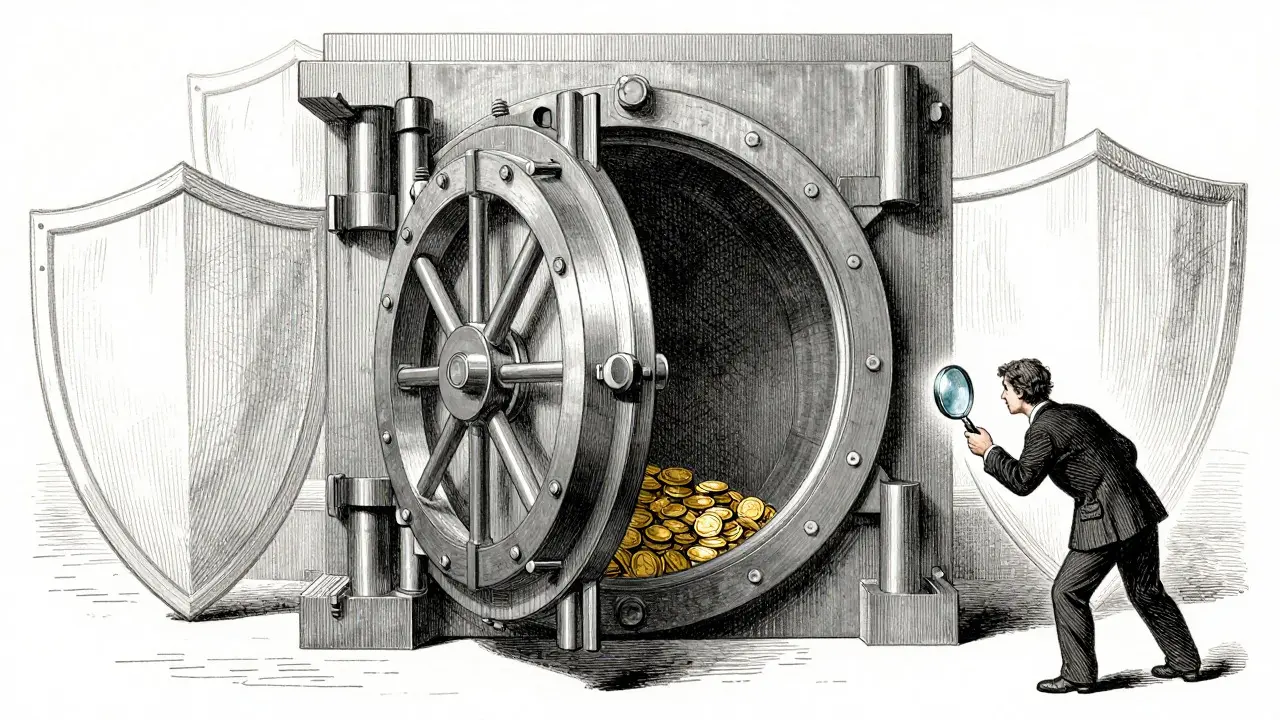 Open vault with fragile shields in etching style illustration