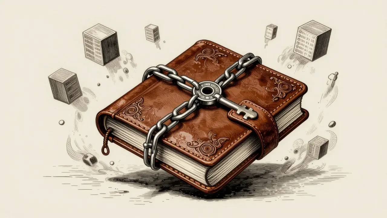 Ornate digital wallet secured by cryptographic chains in etching style